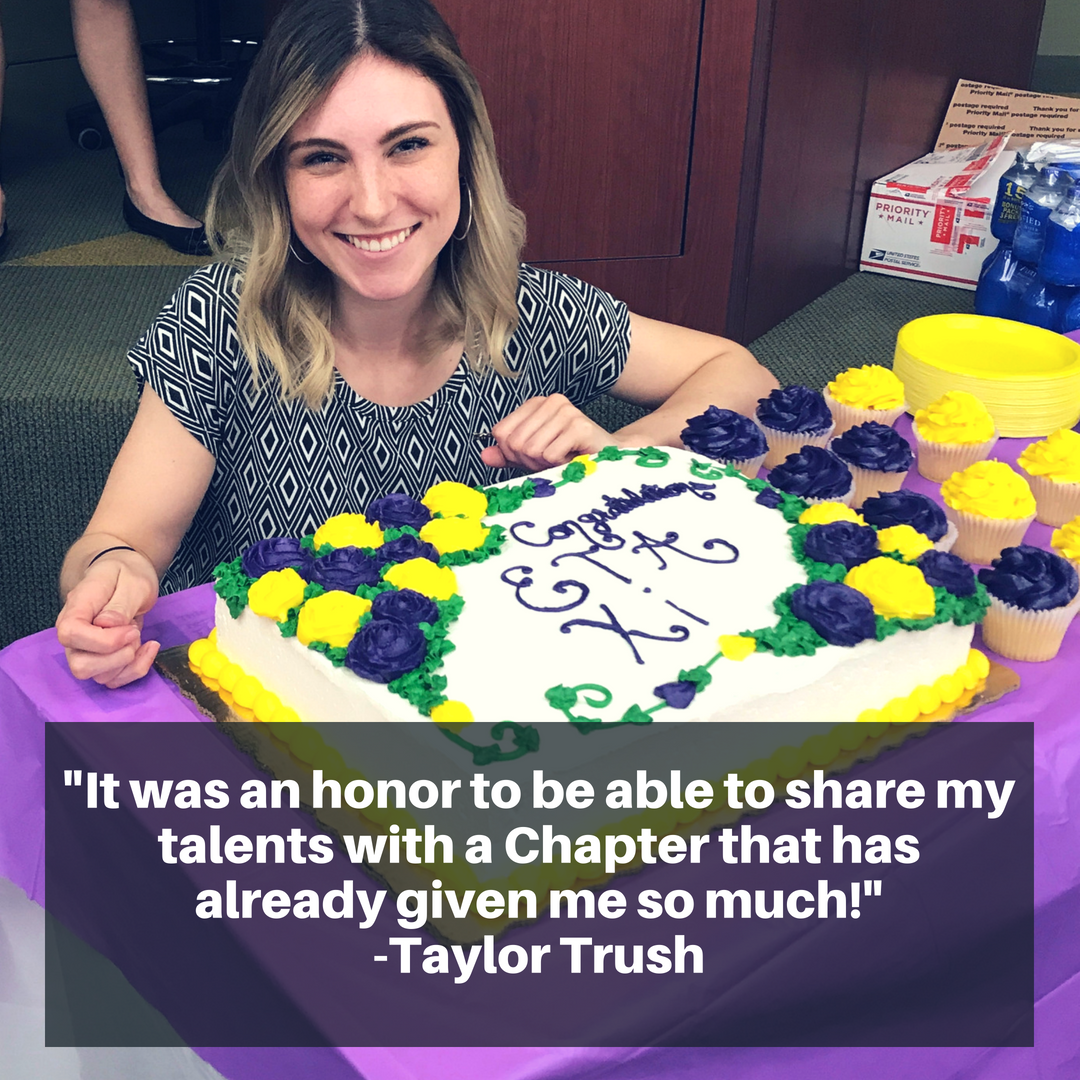 Taylor Trush with the cake she made for Eta Xi Chapter