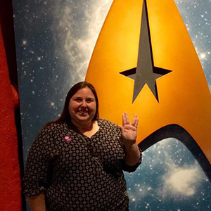 Sarah with Star Trek emblem