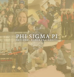 Photo Collage of Members participating in volunteer service with Phi Sigma Pi logo.
